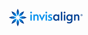 The image displays a logo with text that reads Invisalign above a stylized blue flower-like design, followed by the word invisalign below, set against a grey background.